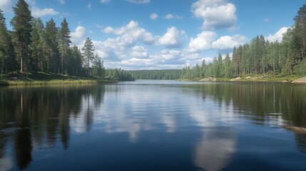 Fototapeta premium Serene lake reflecting a vibrant summer sky, surrounded by lush pine forests