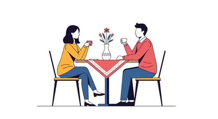 A couple enjoys a romantic meal together sitting across from each other at a table with a flower arrangement