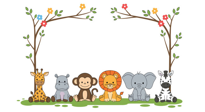 Adorable cartoon safari animals border frame with whimsical nature accents for baby shower invitations and greeting cards