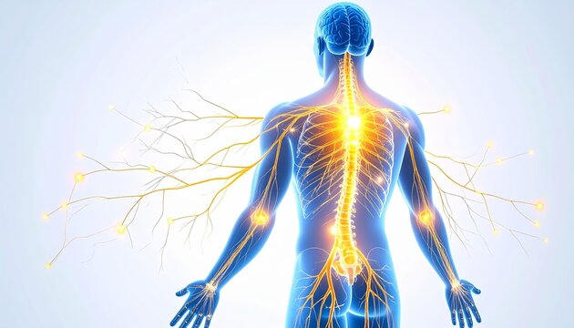Human nervous system illustration with glowing neural pathways, medical theme, white background