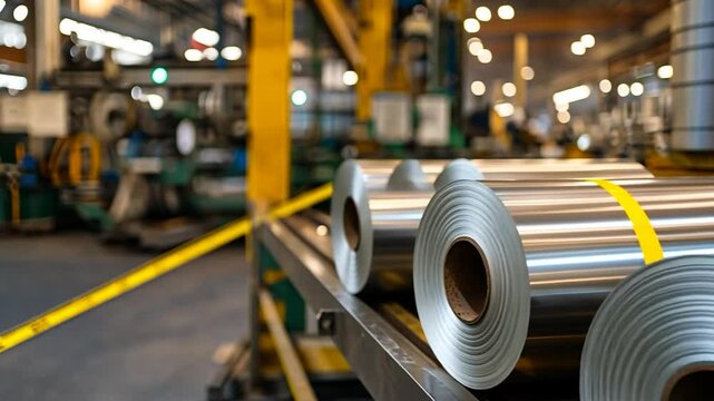 Large metal coils on production line inside modern industrial manufacturing facility with focus on shiny metallic surface and yellow strapping