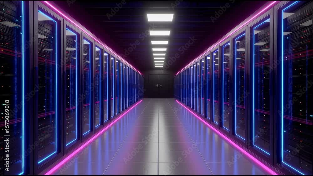 Poster high-tech aerial view of a modern data center with sleek server racks and neon lighting