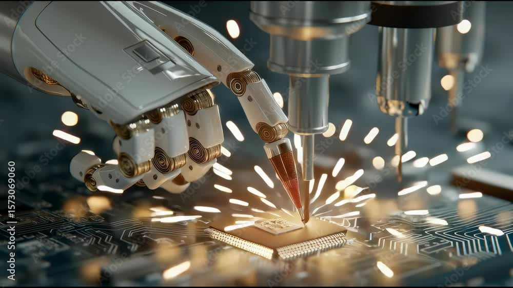 Aufkleber robotic hand placing microchip onto circuit board in zoomed-in view with high detail