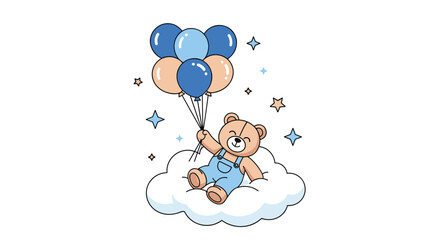 Cute teddy bear floating to the sky holding balloons on a cloud