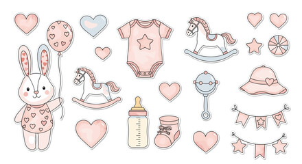 Adorable watercolor baby shower illustrations featuring cute animals and essential items for newborn celebration events