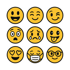 Emoji Emotions Grid – 9 Yellow Faces Expressing a Range of Feelings