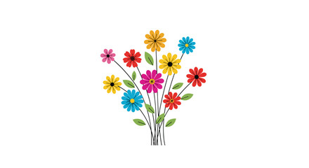 A vibrant bouquet of brightly colored daisy-like flowers tied together with dashed stems on a white background representing joy and nature's beauty