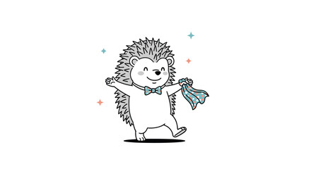 Happy hedgehog dancing and holding a blue shirt joyful celebration movement animal character