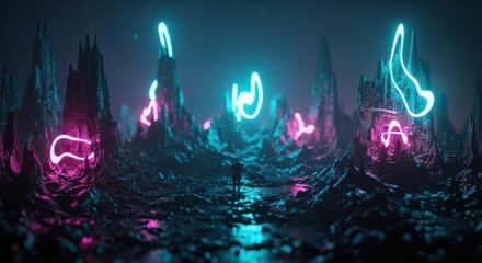 Mysterious Neon Sigils Illuminate a Dark Alien Landscape with a Lone Wanderer