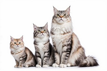Obraz premium Maine Coon Trio: Capturing the essence of feline grace and companionship, three magnificent Maine Coon cats, with their lush fur and regal poise, sit together in a studio-like setting.
