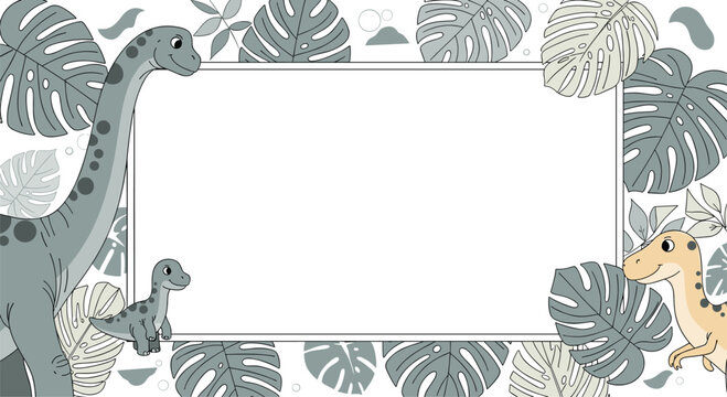 Charming dinosaur border with tropical leaves and abstract shapes for festive occasions