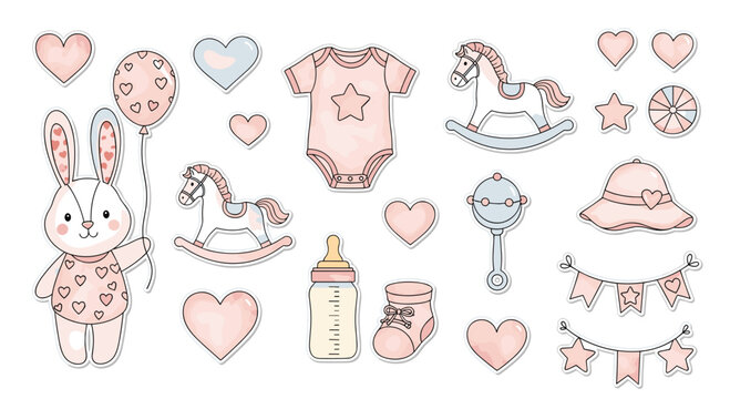 Adorable watercolor baby shower illustrations featuring cute animals and essential items for newborn celebration events