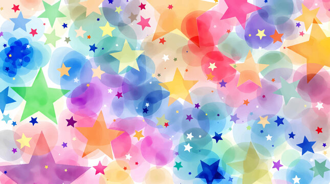 Smiling stars in various colors depicted in soft watercolor illustration set. Objects in vibrant pastel tones isolated on transparent background	