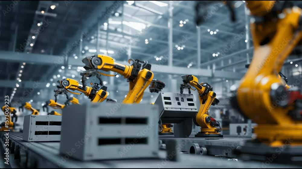 Poster robotic arms assembling electric vehicles in time-lapse sequence in advanced manufacturing setting
