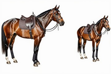 Obraz premium Equestrian Elegance: Majestic horses, fully equipped with saddles and harnesses, poised gracefully, showcasing their stunning form and equestrian excellence.