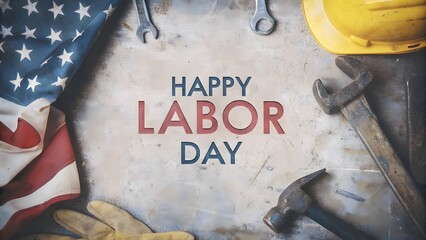 Happy Labor Day: American Flag with Tools and Hard Hats