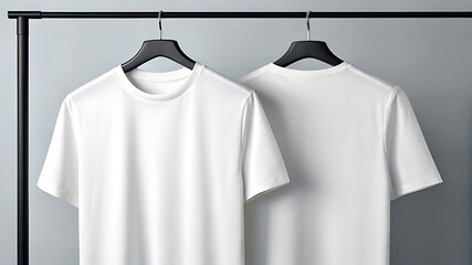 Two pristine white tshirts hang sidebyside on black hangers against a neutral gray backdrop, showcasing both front and back views