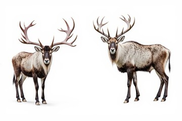 Fototapeta premium Majestic Reindeer Duo: Two powerful reindeer, showcasing their impressive antlers and poised statures, stand in a clean, bright environment, offering a stunning display of nature's grandeur.