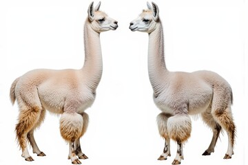 Fototapeta premium Llama Duo: Two elegant llamas stand side-by-side, their long necks and soft, woolly coats presenting an image of graceful companionship. Their gentle eyes hint at a serene understanding. 