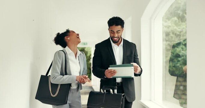 Business people, tablet or schedule with suitcase for travel, work trip or commute together. Happy, businessman or woman with technology or luggage for flight, job opportunity or corporate rendezvous