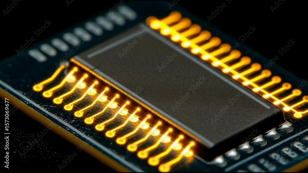 Poster captivating macro shot of a glowing microchip on a circuit board surface