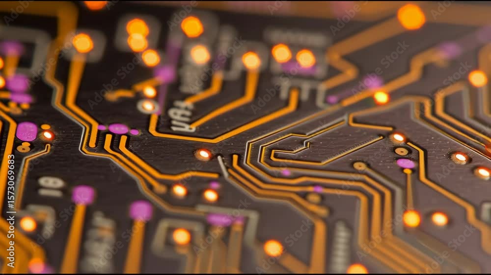 Poster macro shot of a printed circuit microchip with glowing details illuminating the surface