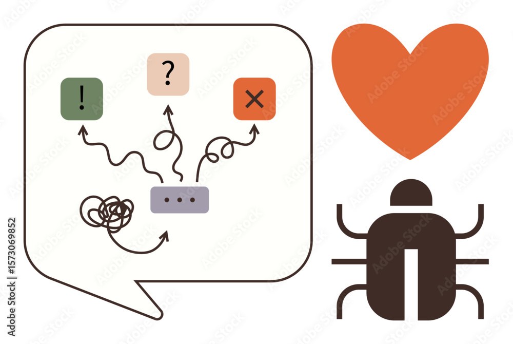 Poster speech bubble with tangled paths, decisions, and exclamation marks, heart, and bug icon. ideal for c