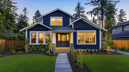 Obraz premium Elegant navy blue craftsman style home with lush green lawn and walkway