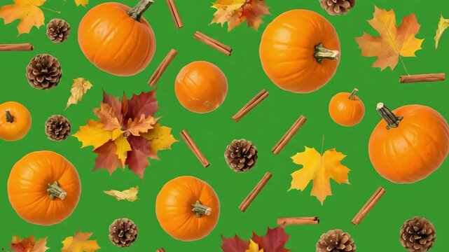 Autumn pumpkins seamless pattern with fall leaves, cinnamon sticks and pine cones on green background