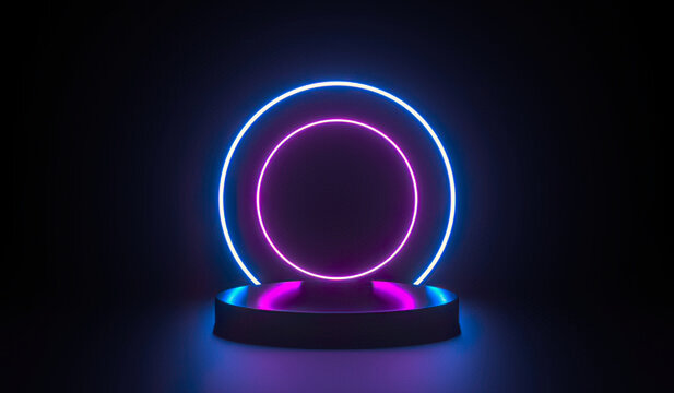Futuristic neon podium with dual colored rings isolated on white background - Powered by Adobe
