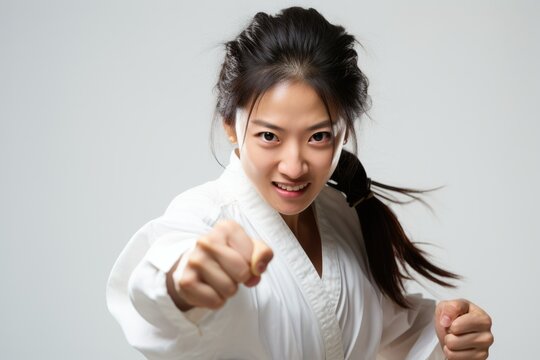 Martial Arts Prowess: An asian woman in martial arts attire, poised in an aggressive stance. Showcasing intense focus and power.