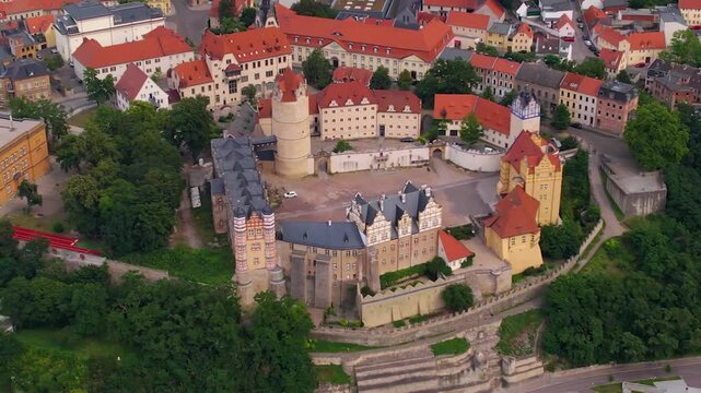 Aerial view around the old town in the city Bernburg on an sunny spring day in Germany	