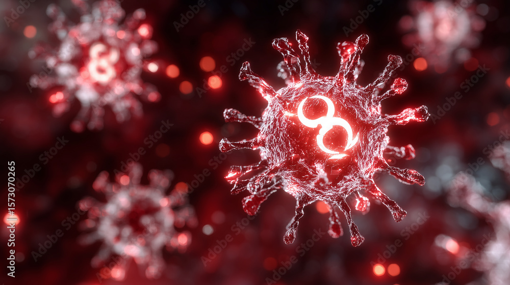Poster illustration of a glowing biohazard symbol superimposed over floating 3d virus cells in a dark red a