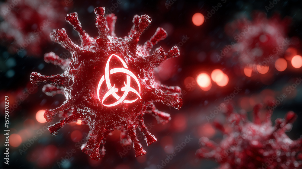 Poster illustration of a glowing biohazard symbol superimposed over floating 3d virus cells in a dark red a