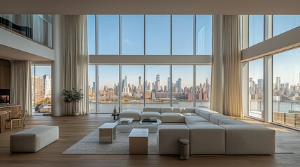 Modern penthouse living room with city views