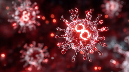 Fototapeta premium Illustration of a glowing biohazard symbol superimposed over floating 3D virus cells in a dark red atmosphere, microscopic textures and sharp cell spikes emphasize threat, warning