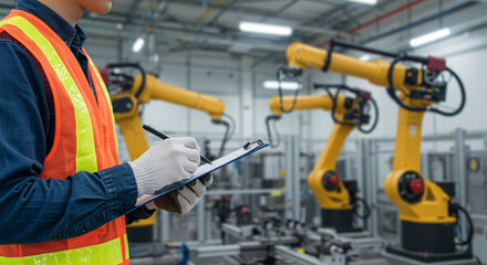 Factory worker inspecting robotic arms. 