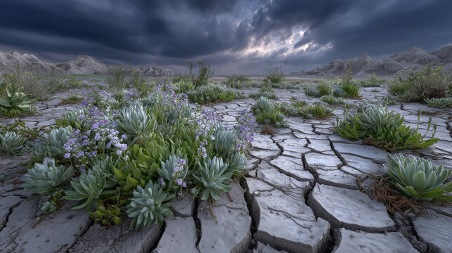 Sprouting greenery across a landscape of cracked, grey clay, clouds above beginning to form, conveying a sense of change and ecological awakening