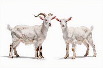 Fototapeta premium Pair of Goats: Two white goats, one mature and the other younger, stand close together in a studio, side by side, displaying their distinctive horns and coats.