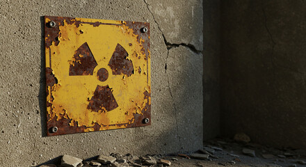 Rusty radioactive warning sign on a weathered wall. 