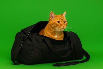 Fluffy cat sitting inside black travel bag on green background. Funny travel or pet concept, curious expression, clean studio shot. Ideal for advertising, meme or design use. Copy space. Banner
