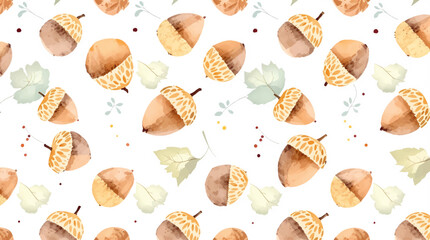 Watercolor acorns pattern on white background