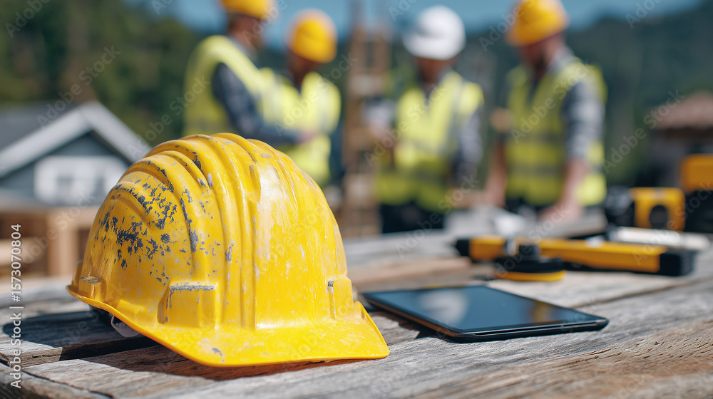 Poster hard hat with scuff marks lying on rustic wood table, digital tablet and measuring tools nearby, bac