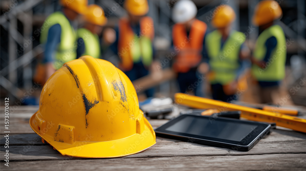 Poster hard hat with scuff marks lying on rustic wood table, digital tablet and measuring tools nearby, bac