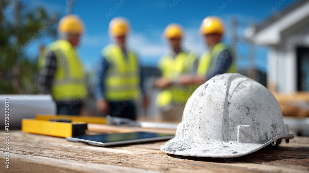 Poster hard hat with scuff marks lying on rustic wood table, digital tablet and measuring tools nearby, bac