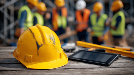 Hard hat with scuff marks lying on rustic wood table, digital tablet and measuring tools nearby, background shows team in safety vests and helmets in animated discussion