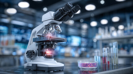 Close-up of microscope eyepiece and adjustment turret, with reflection of glowing petri dish in lens, surrounded by vials and sterile tools in a clean, futuristic lab