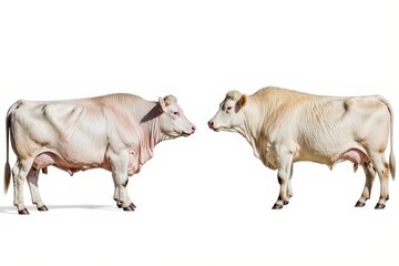 Charolais Cattle in Profile: Two majestic Charolais cattle stand side by side in profile, showcasing their impressive size, muscular build.