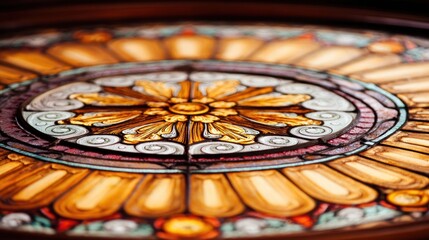 Close-up of a circular stained-glass window with intricate, radiating design