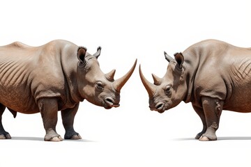 Obraz premium Rhino Confrontation: Two majestic rhinos stand face to face, their massive horns and imposing physiques highlighted in a studio shot.